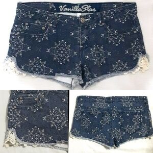 Vanilla Star Boho Lace Crochet Fringe Denim Shorts Festival Y2K Cutoff US 13